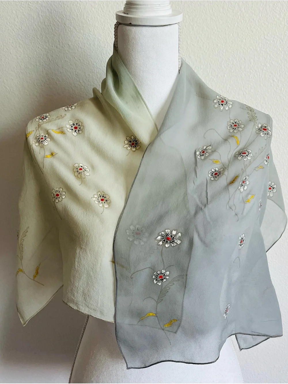 Embroidered Floral Scarf - Pale Green and Gray 15/20 inches